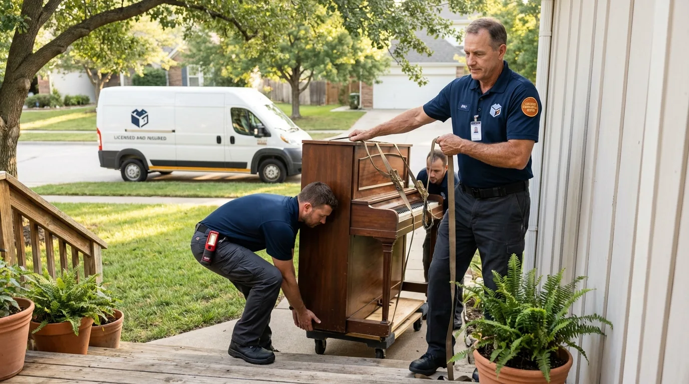 Licensed piano movers securing grand piano in Grand Rapids, MI