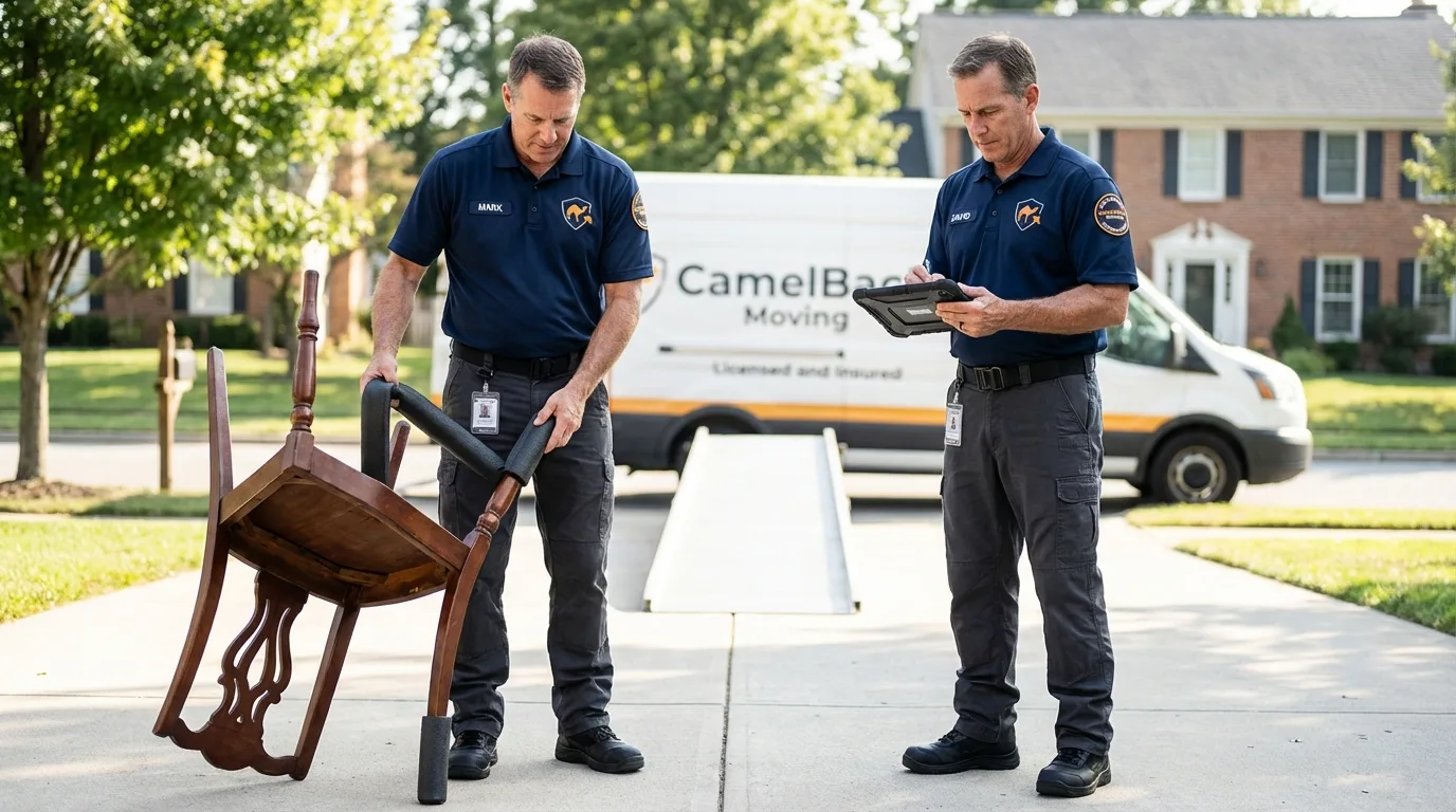 Movers inspecting furniture for damage prevention before loading in Grand Rapids, MI