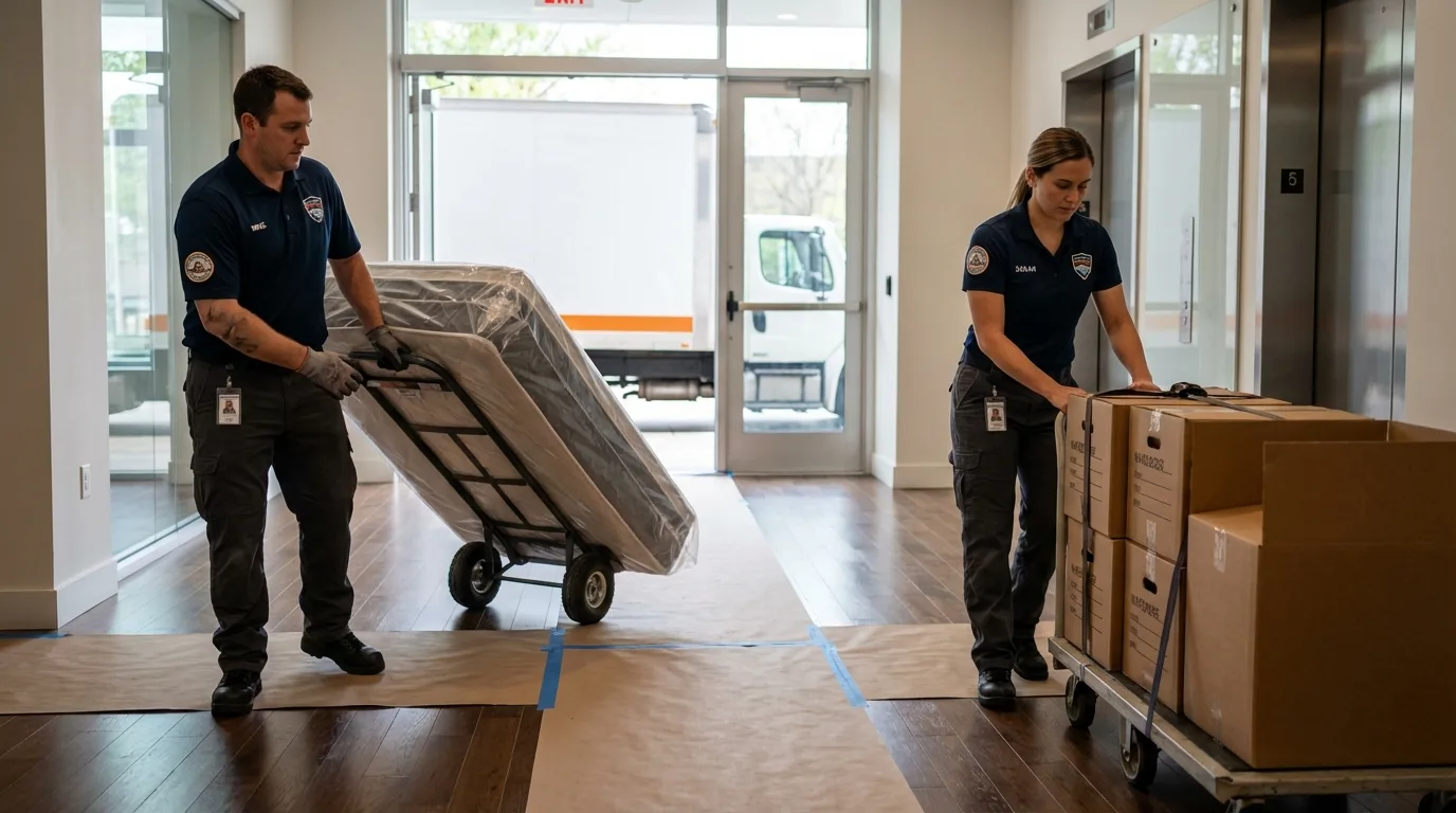 Professional apartment movers loading elevator in Grand Rapids, MI
