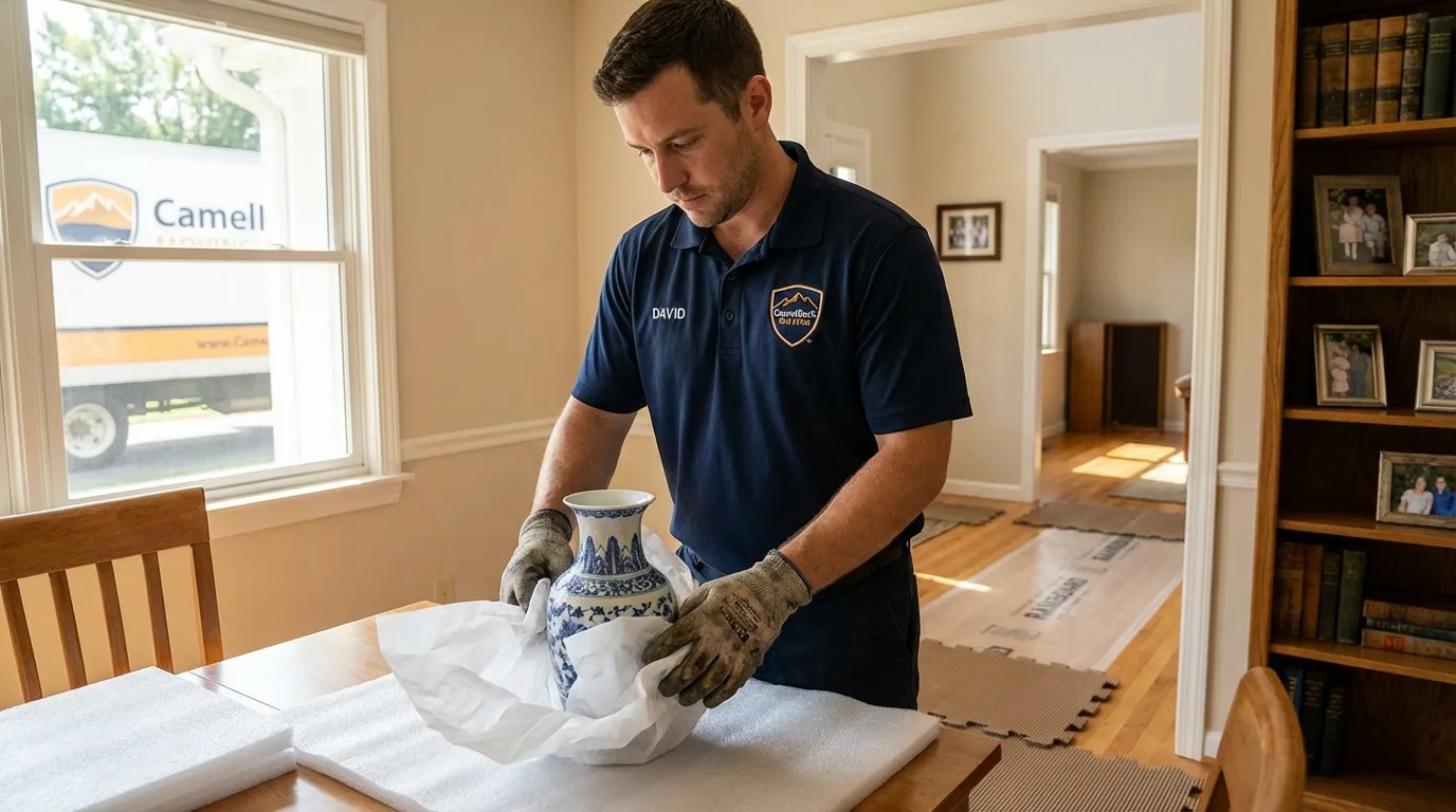 Professional crew carefully wrapping antique vase for senior downsizing move in Grand Rapids, MI